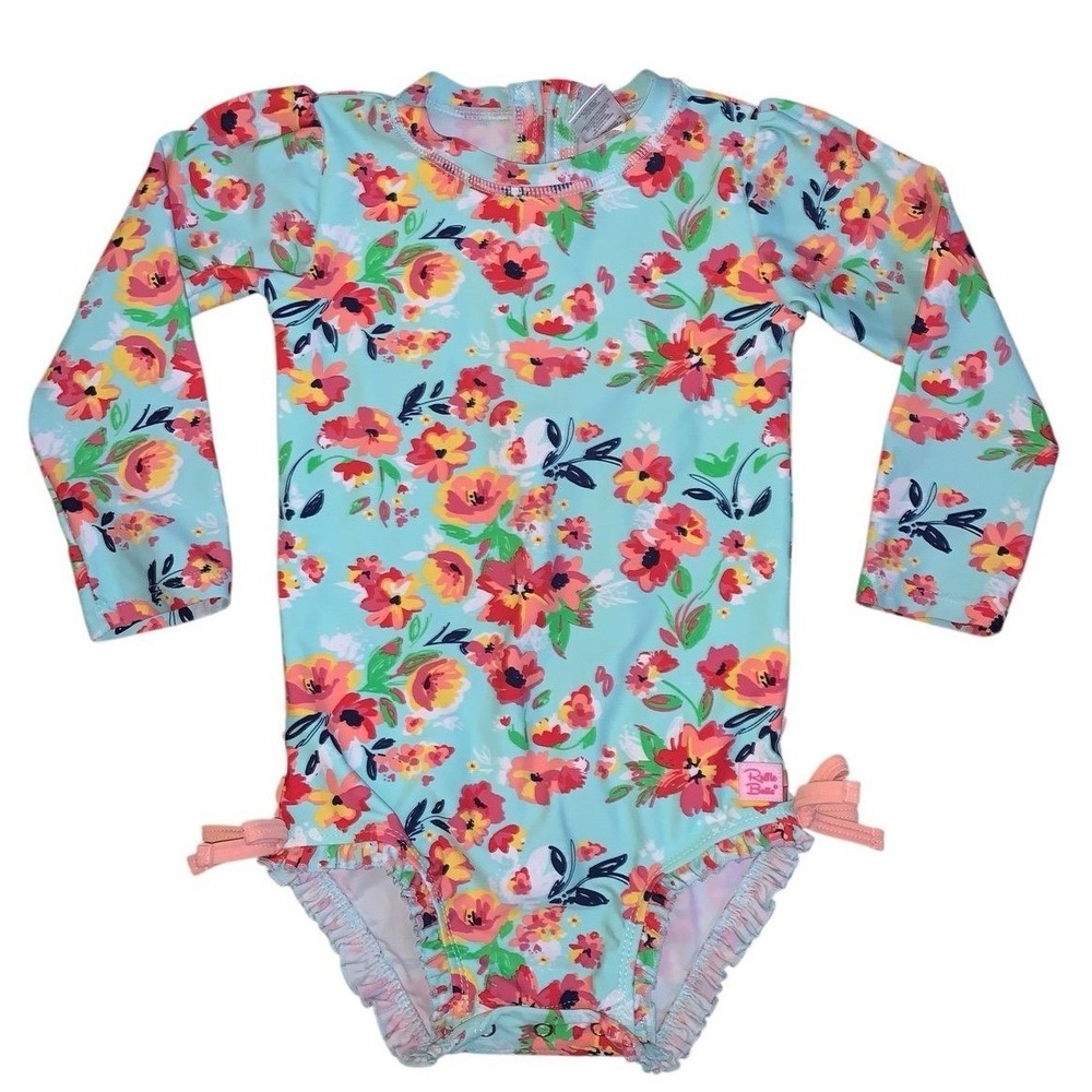 RuffleButts‎ Swimsuit Kids 3T Aqua Floral Long Sleeve Rash Guard Cottagecore